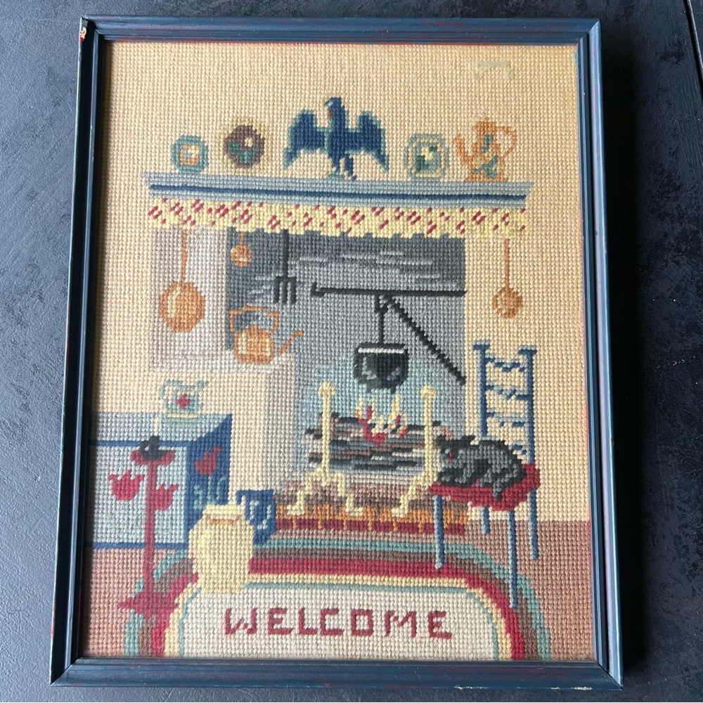Hand embroidered antique embroidery wall hanging framed art welcome home hearth